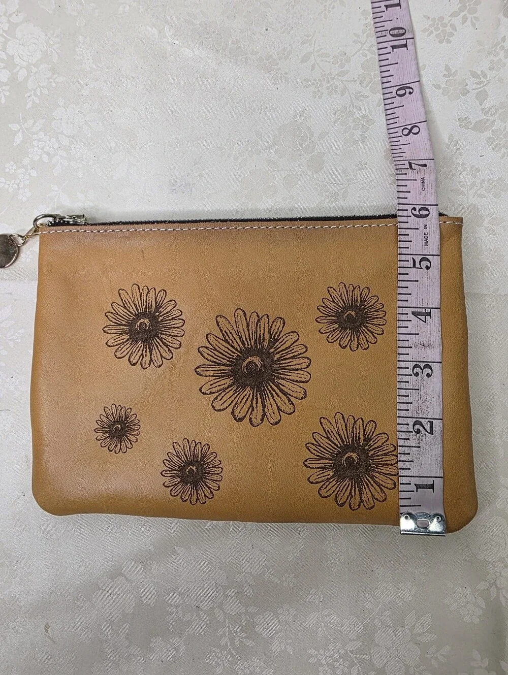 Designs by Planner Perfect Daisy Engraved Leather Pouch Makeup Planner Bag Tan